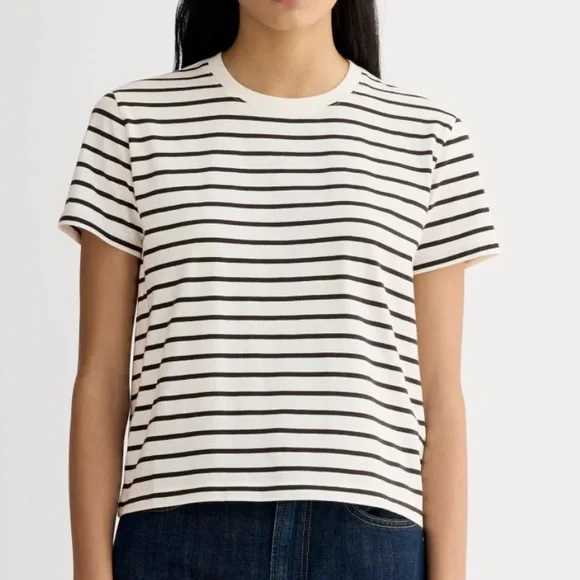 Everlane THE BOX-CUT TEE IN ESSENTIAL COTTON Bone & Black Stripe - Picture 2 of 14